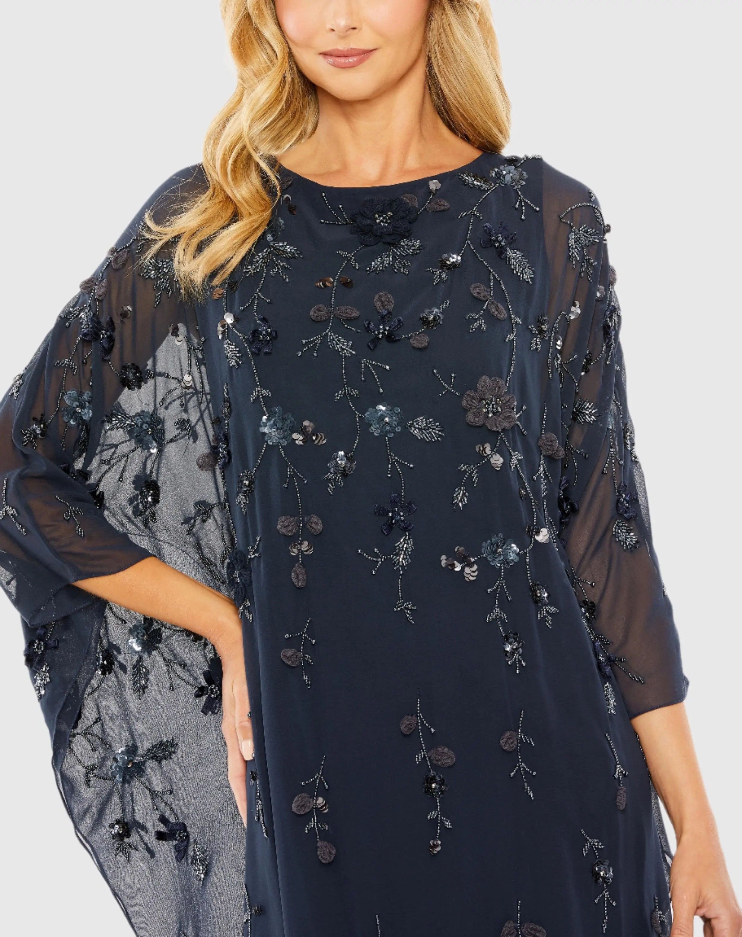 Navy Floral Embellished Kaftan Gown - Special Events Unlimited