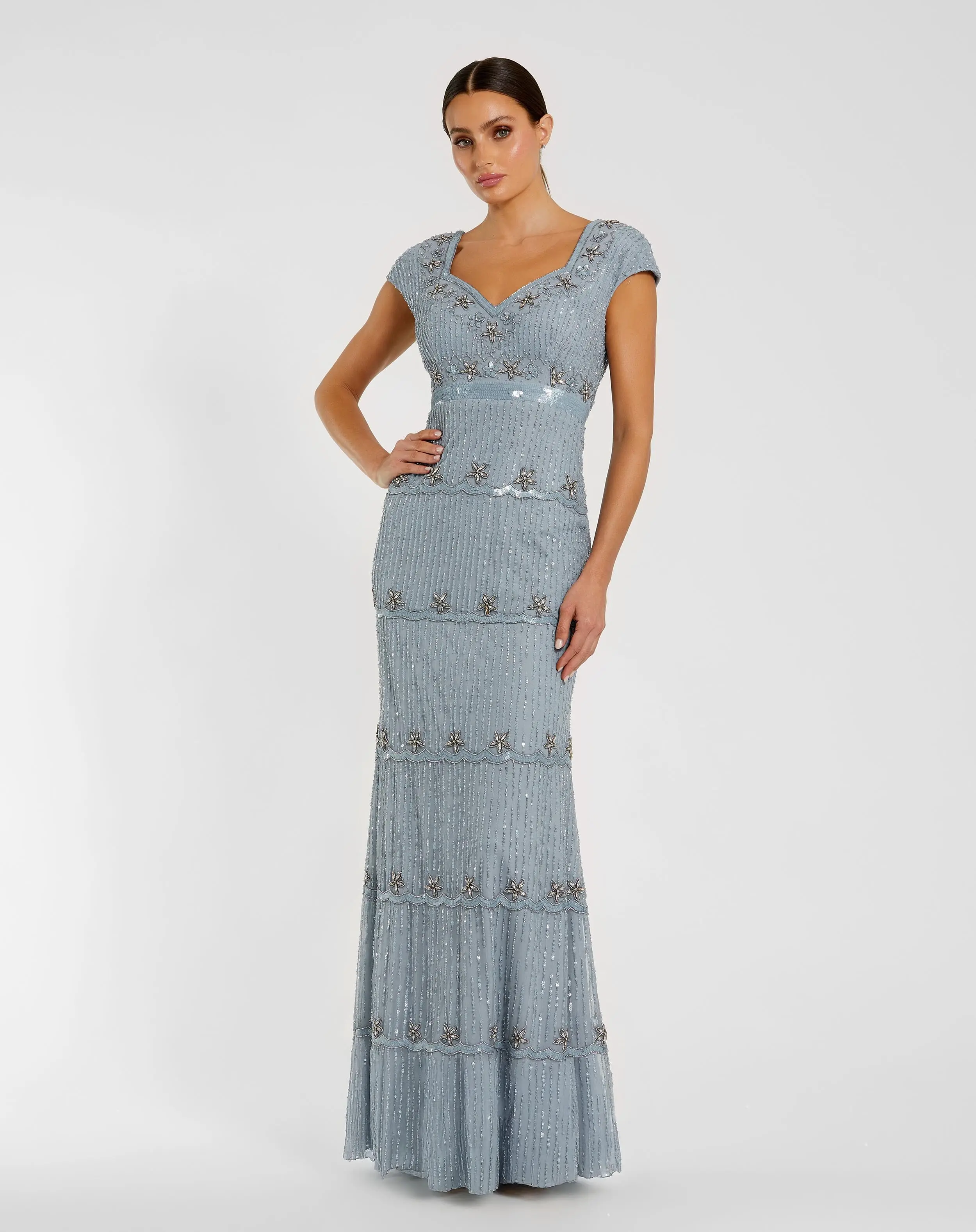 Blue Sequin Cap Sleeve Sweetheart Column Gown - Special Events Unlimited