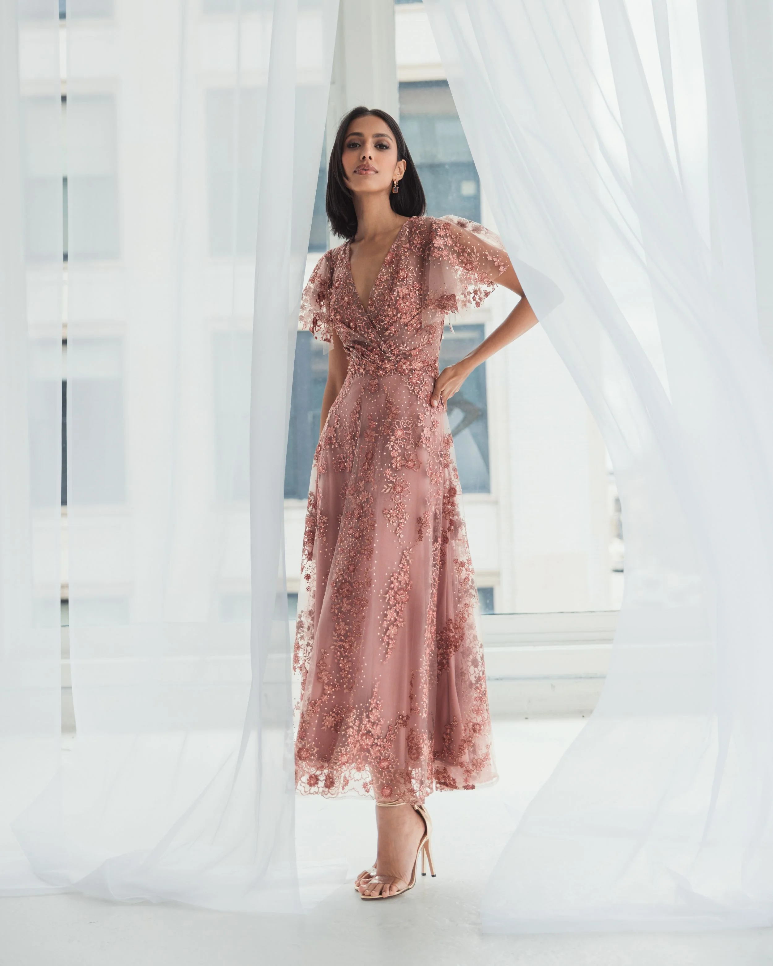 Pink Embroidered Flutter Sleeve A Line Dress - Special Events Unlimited