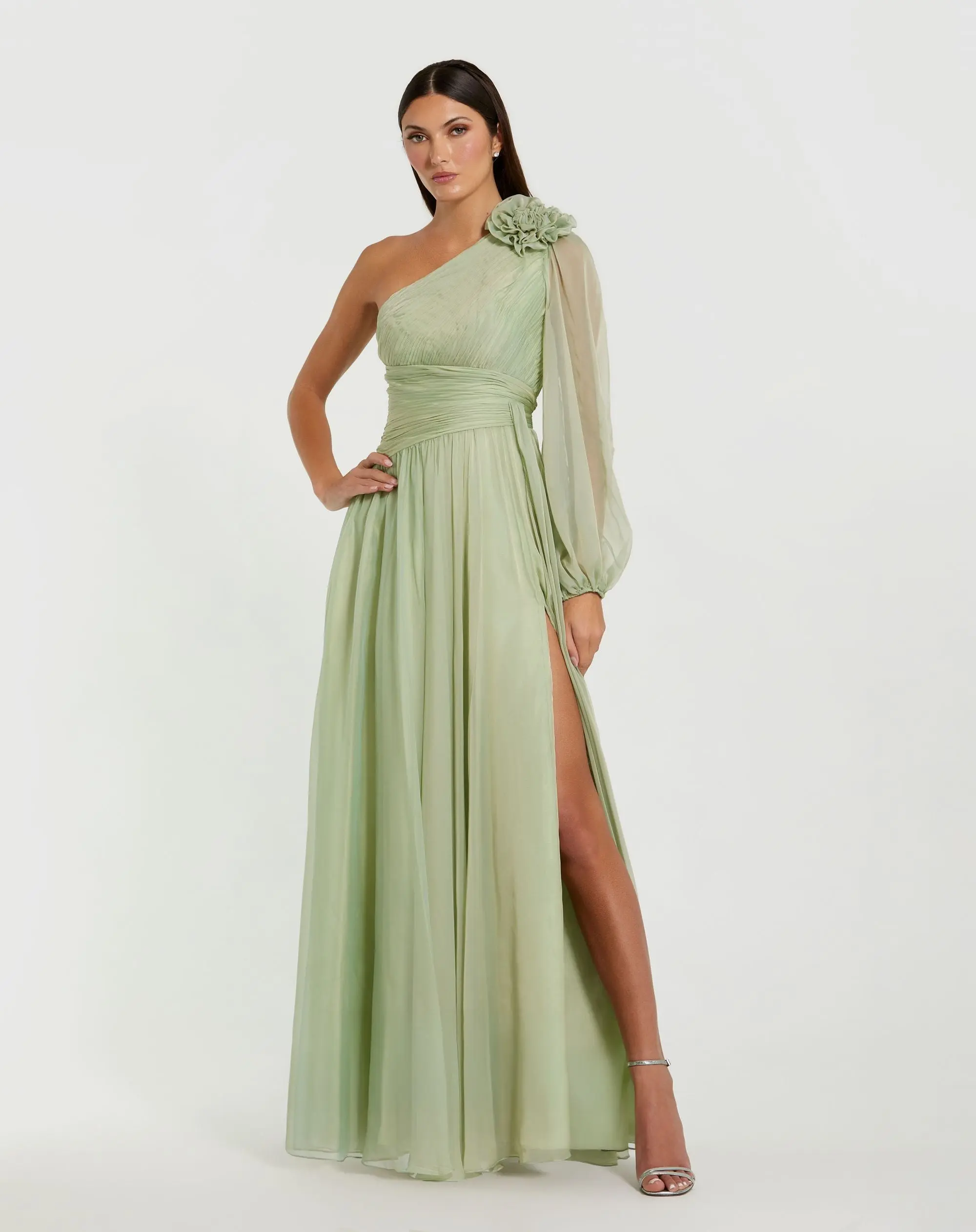 Sage Green One Shoulder 3D Flower Gown With Slit - Special Events Unlimited