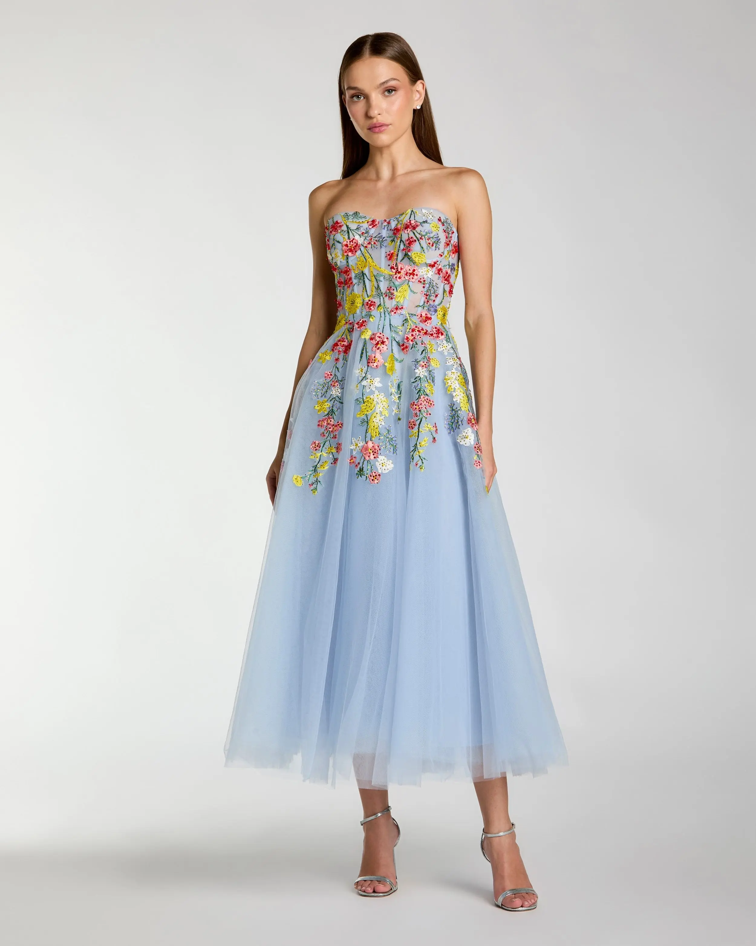 Blue Strapless Floral Embroidered A-Line Midi Dress - Special Events Unlimited
