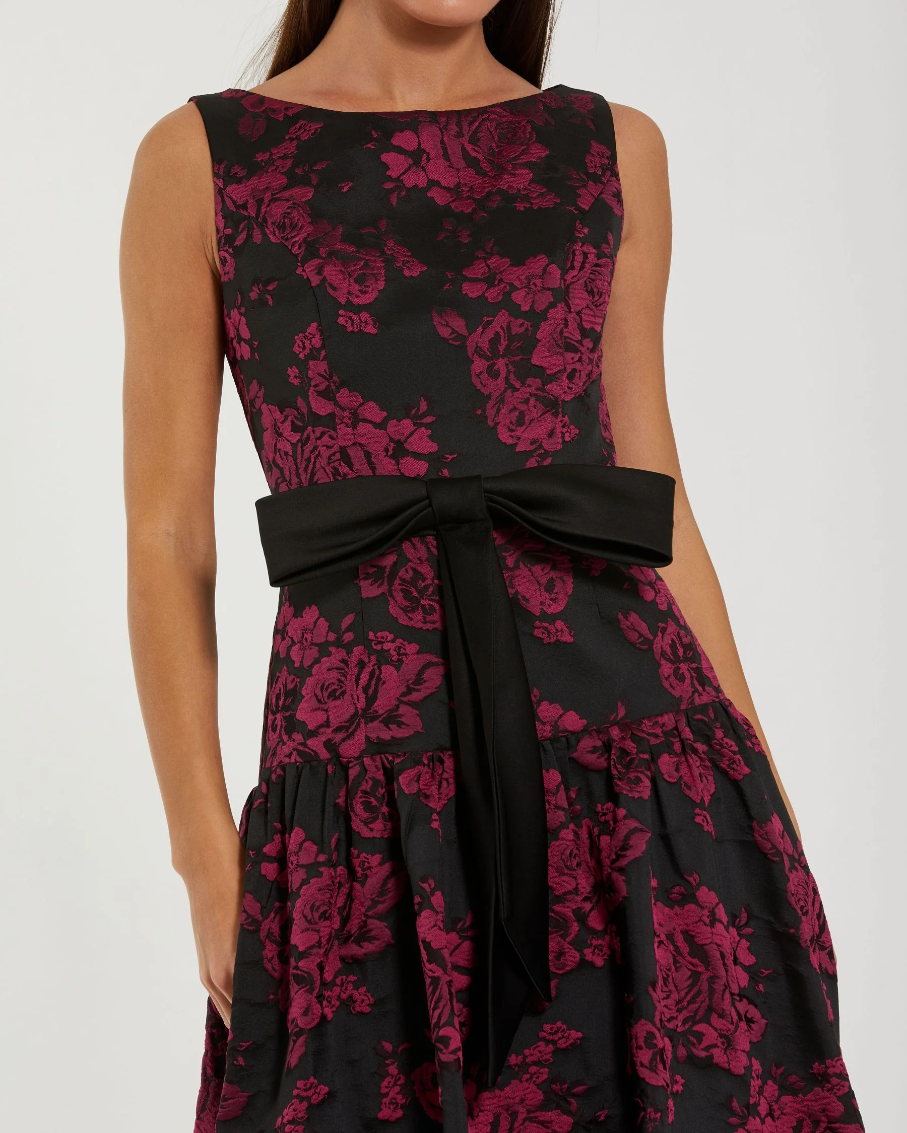 Black Brocade Drop Waist Midi Dress With Satin Bow - Special Events Unlimited