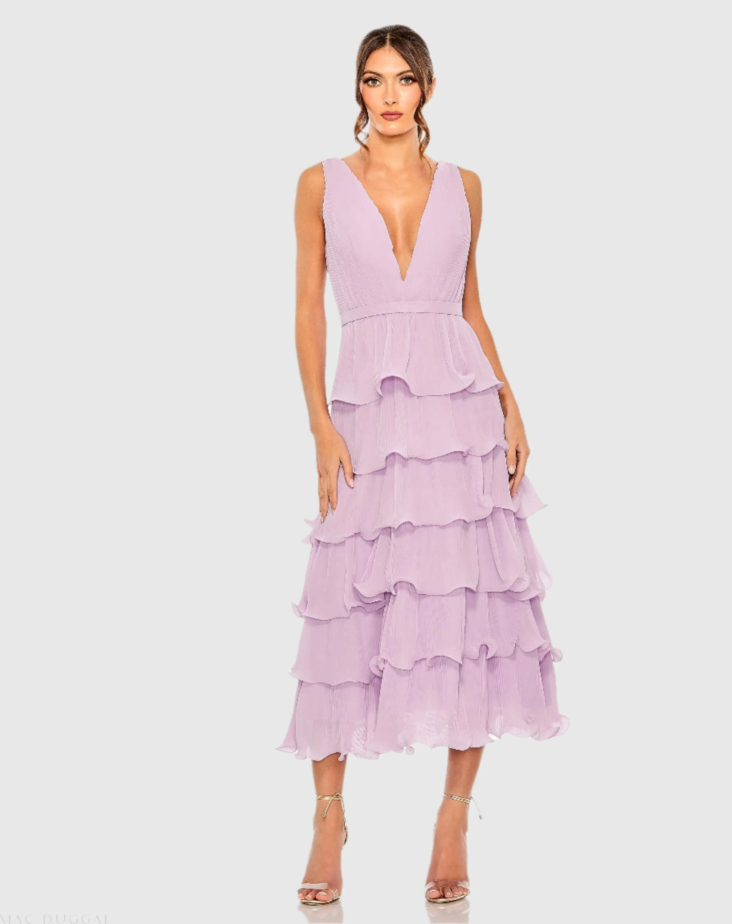 Purple Plunge Neck Sleeveless Chiffon Ruffle Midi Dress - Special Events Unlimited