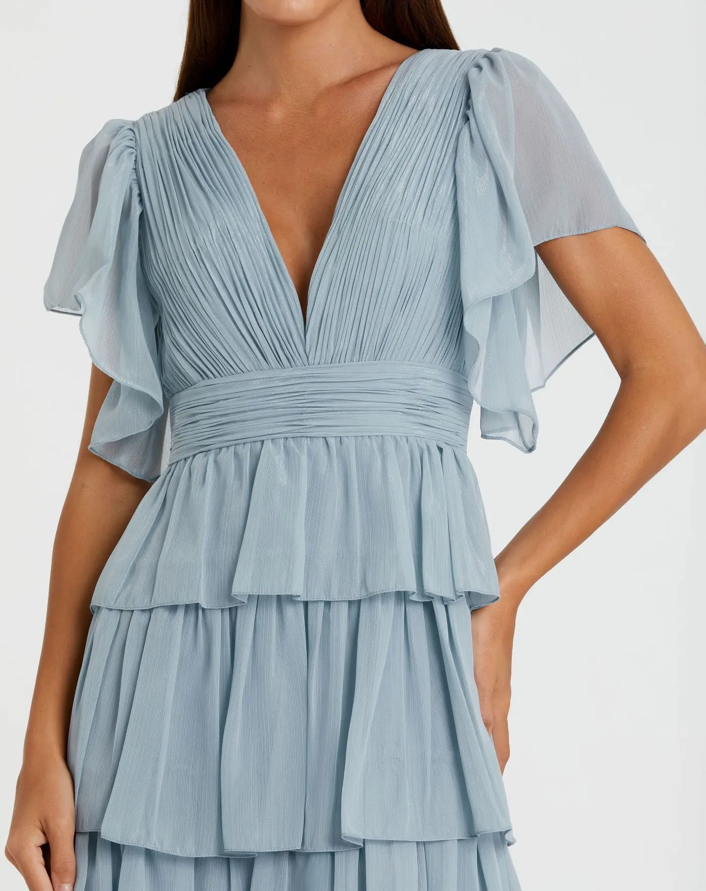 Blue Flutter Sleeve Ruffle Tiered Gown - Special Events Unlimited