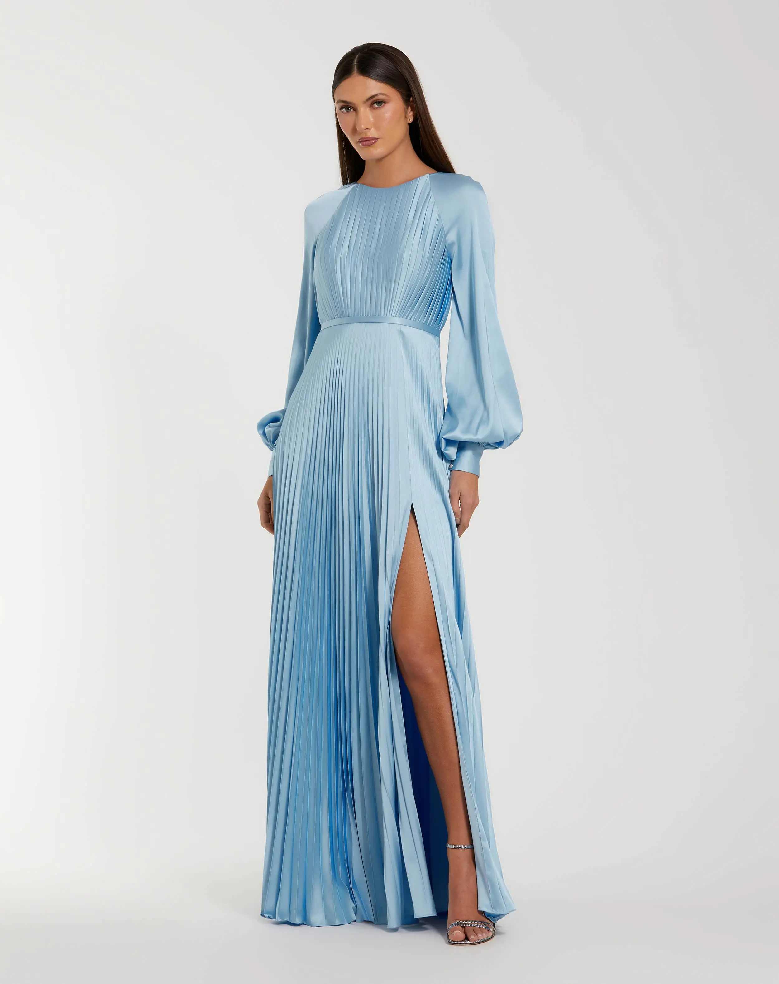 Blue Pleated High Neck Raglan Long Sleeve Side Slit Gown - Special Events Unlimited