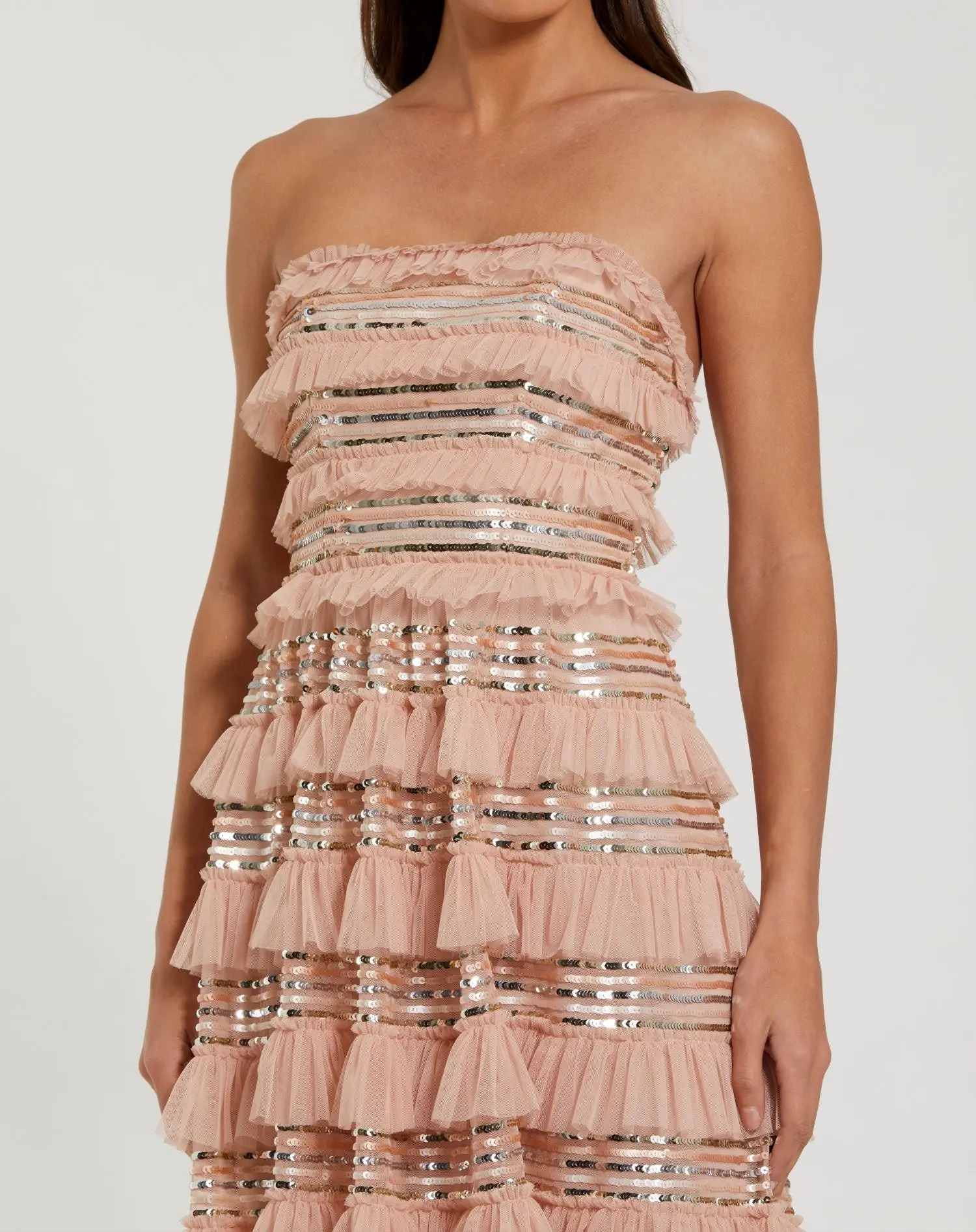 Pink Strapless Sequin Micro Ruffle Maxi Dress - Special Events Unlimited