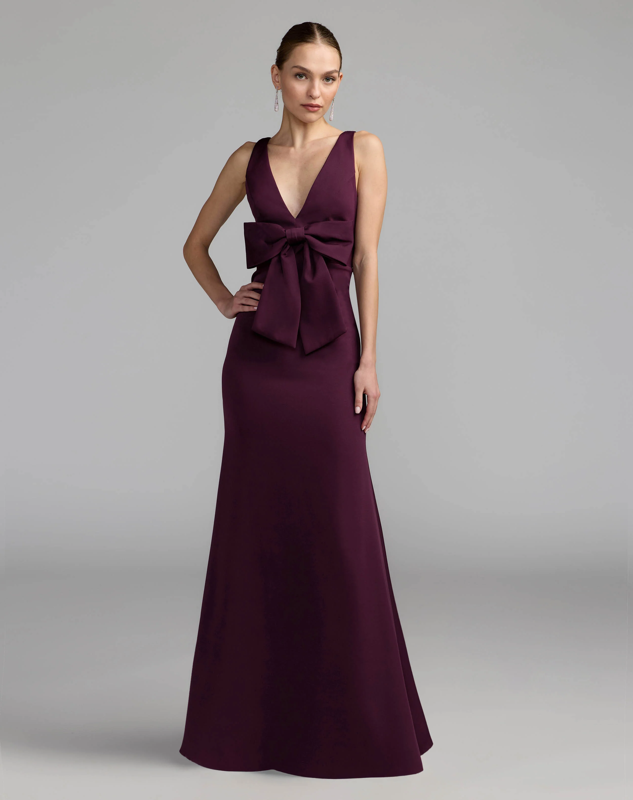 Purple Crepe Sleeveless V-Neck Gown with Bow - Special Events Unlimited