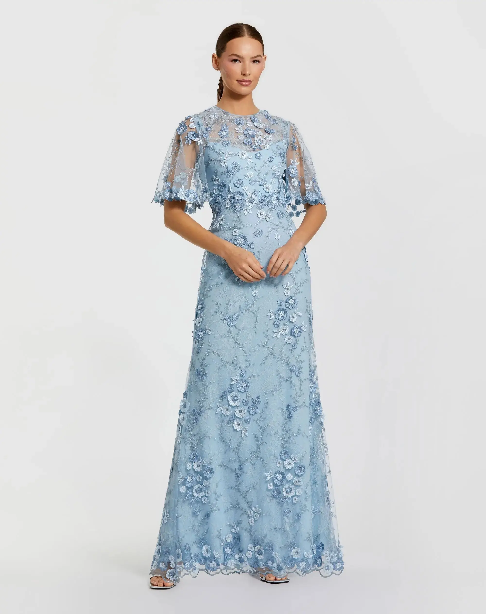 Blue Flutter Sleeve Floral Embroidered Net Gown - Special Events Unlimited