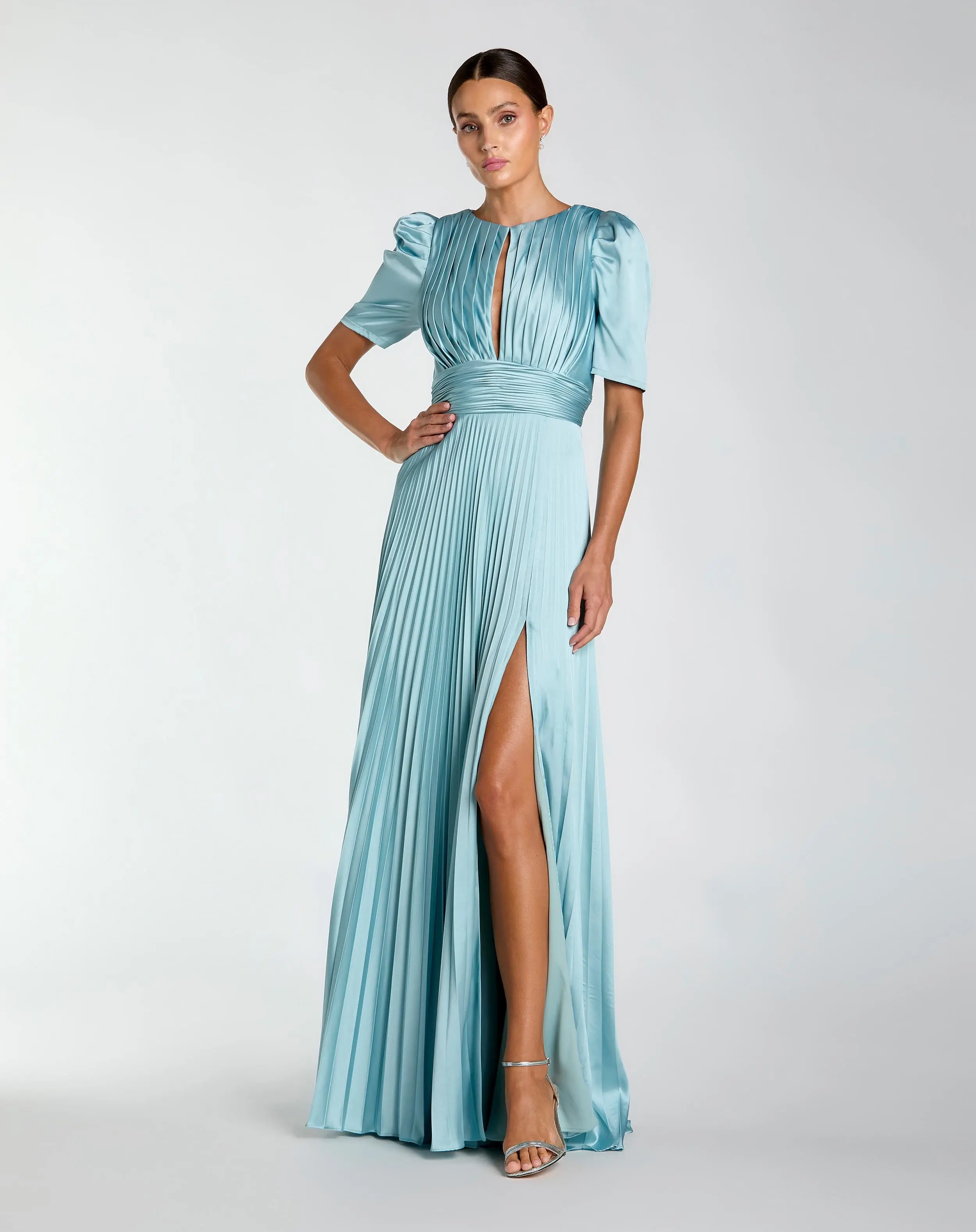 Blue Pleated Charmeuse Puff Sleeve Gown With Slit - Special Events Unlimited