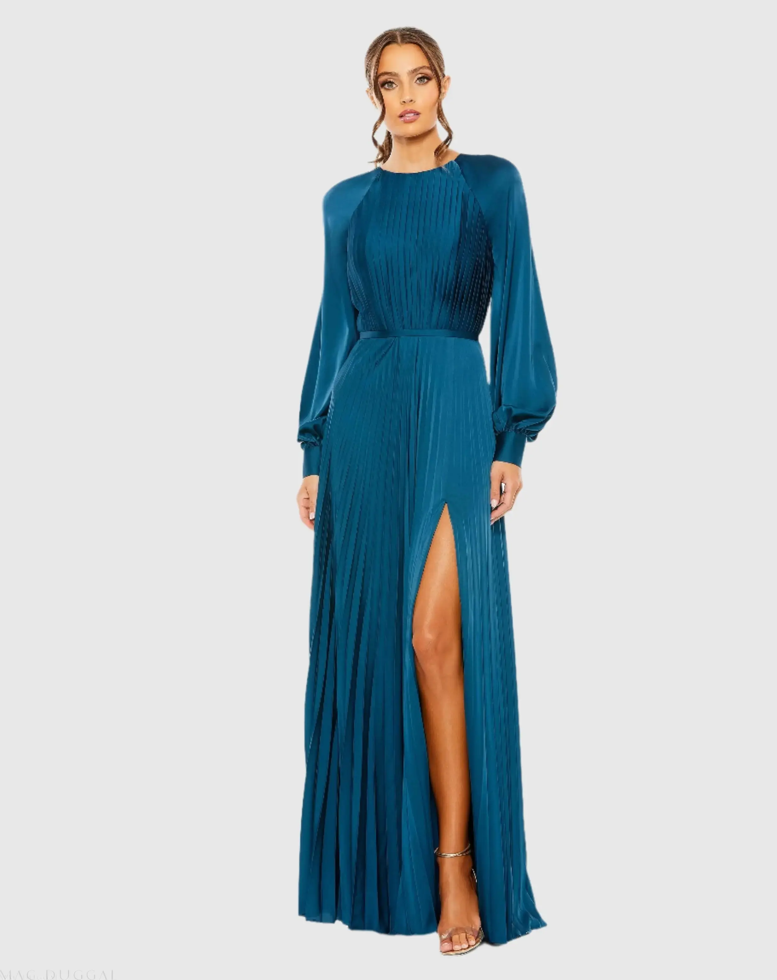 Blue Pleated High Neck Long Sleeve Gown with Slit - Special Events Unlimited